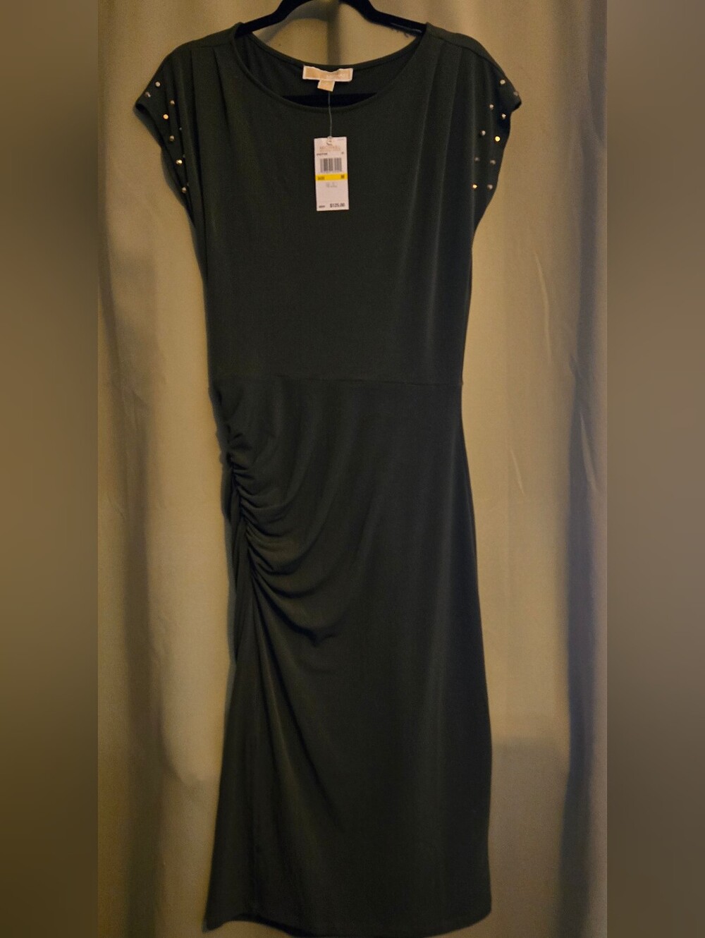 Michael Kors Olive Green Midi Dress with Studded Cap Sleeves
